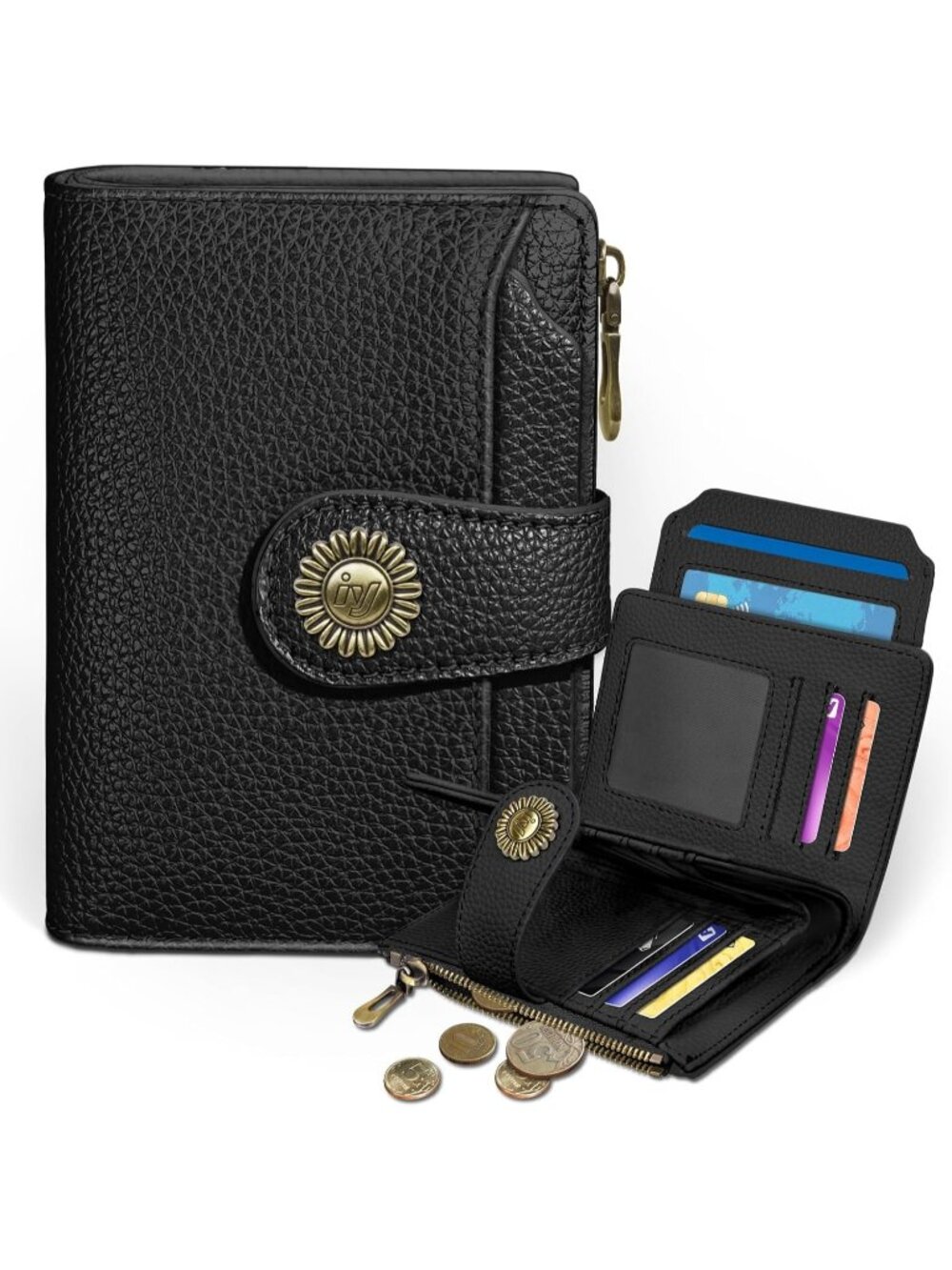 〽️Women 0 Black PU Leather RFID Blocking Bifold Wallet 14 Card Slots, Cash Purse